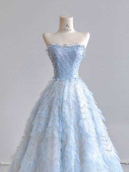 Baby Blue Ball Gown Strapless Beaded Layered Tulle Long Prom Dresses DP4190