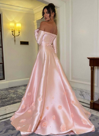 Pink A Line Long Sleeve Floral Satin Long Prom Dress Evening Dress DP4331