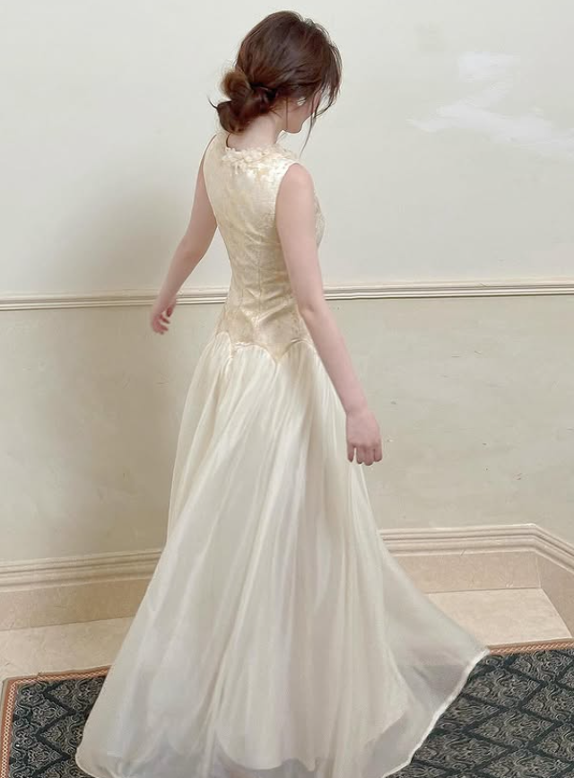 Gold A Line Round Neck Satin Chiffon Prom Dress Evening Dress DP5427
