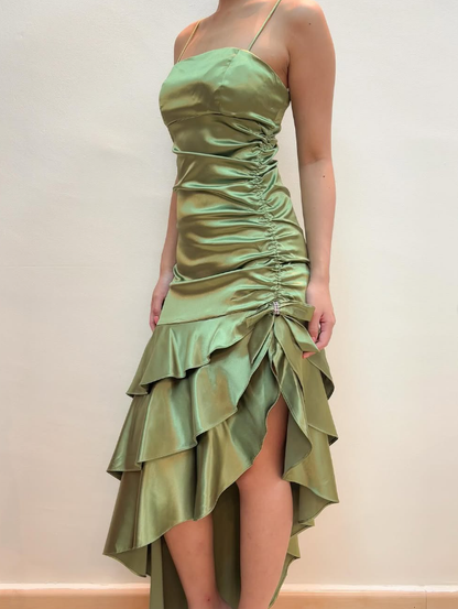 Vintage Sheath Spaghetti Strap Ruffles Green Satin Prom Dress Evening Dress DP1631