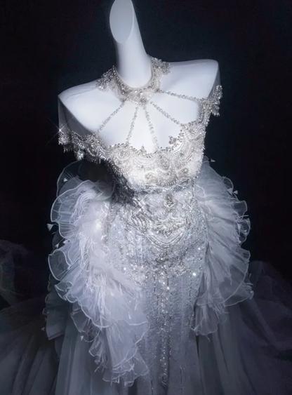Stunning White Mermaid Halter Exquisite Beaded Sequin Tulle Long Prom Dress Evening Dress DP4684