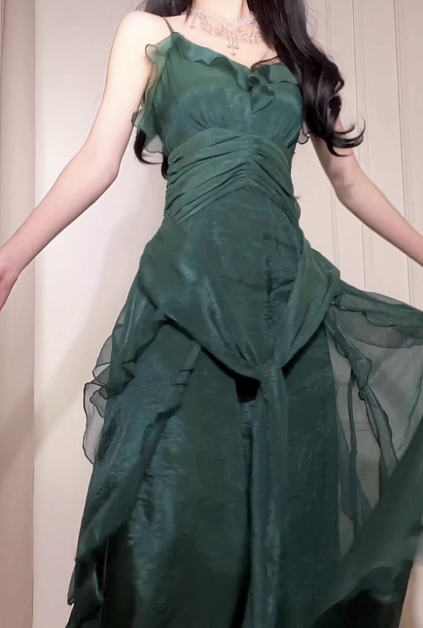 Flowy Dark Green Spaghetti Strap Ruffle Chiffon Prom Dress Evening Dress DP3562