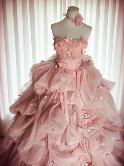 Pink Vintage Ball Gown Strapless Floral Layered Tulle Prom Dress Party Dress DP5010