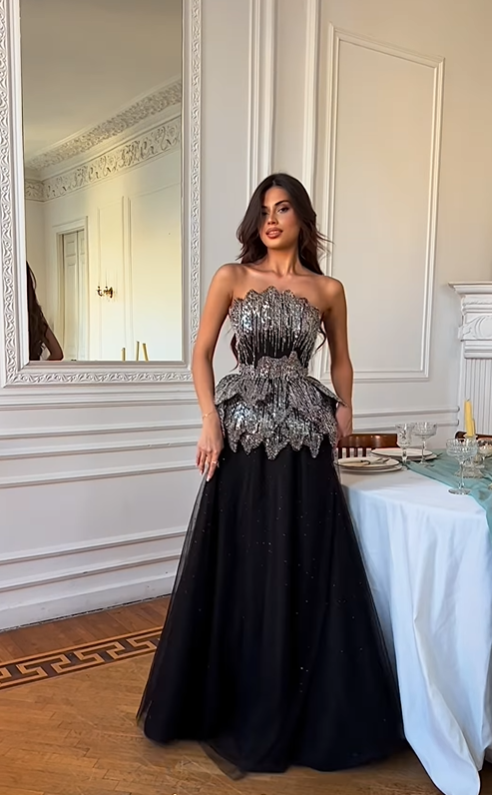 Charming Black A Line Strapless Layered Sequin Tulle Prom Dress Evening Dress DP6811