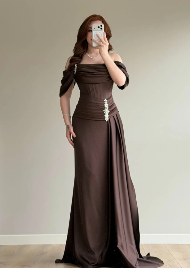 Elegant Brown A Line Off the Shoulder Satin Prom Dress Date Dress DP5090