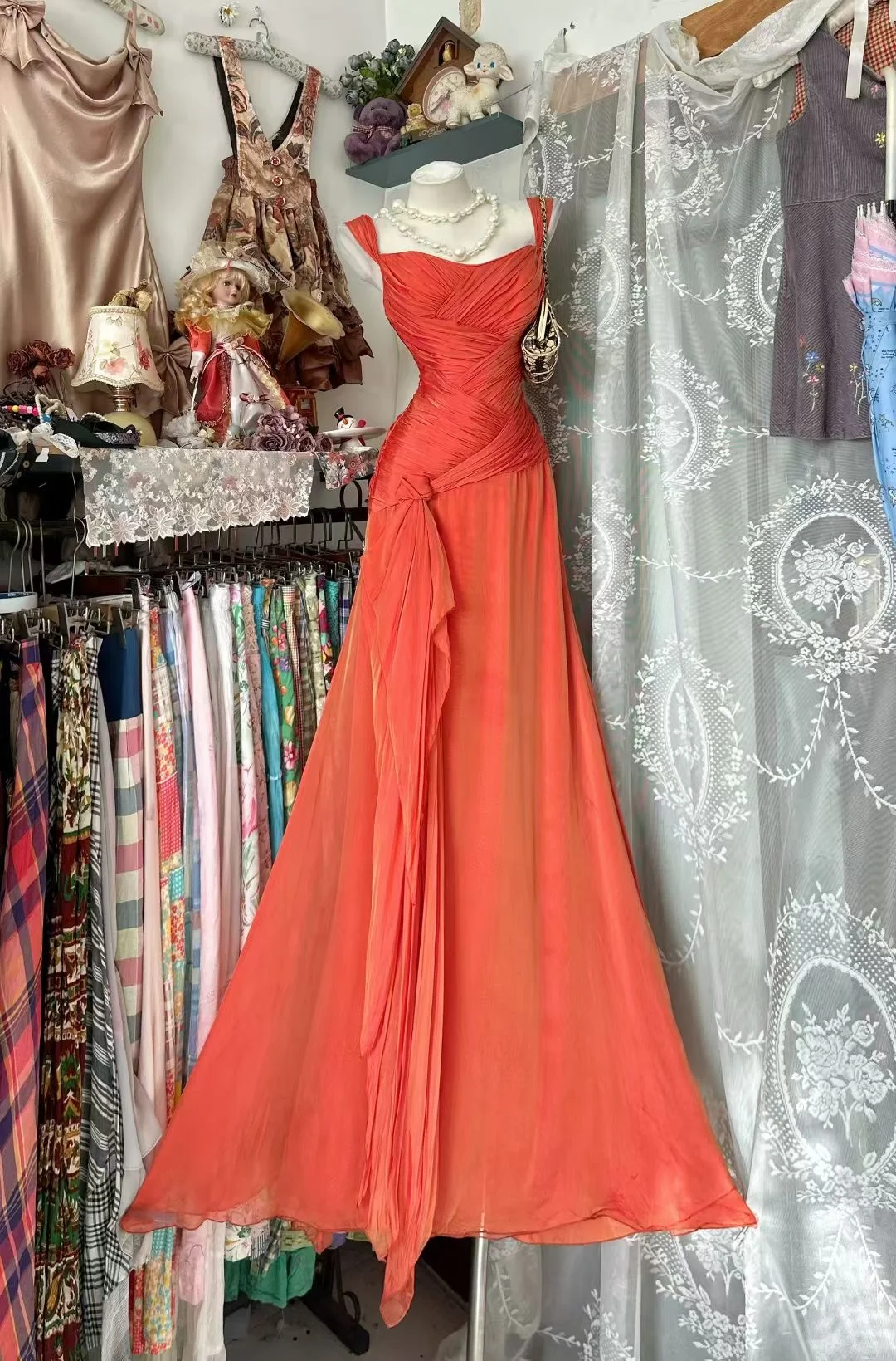 Vintage Orange A Line Strap Pleated Chiffon Prom Dress Evening Dress DP5246