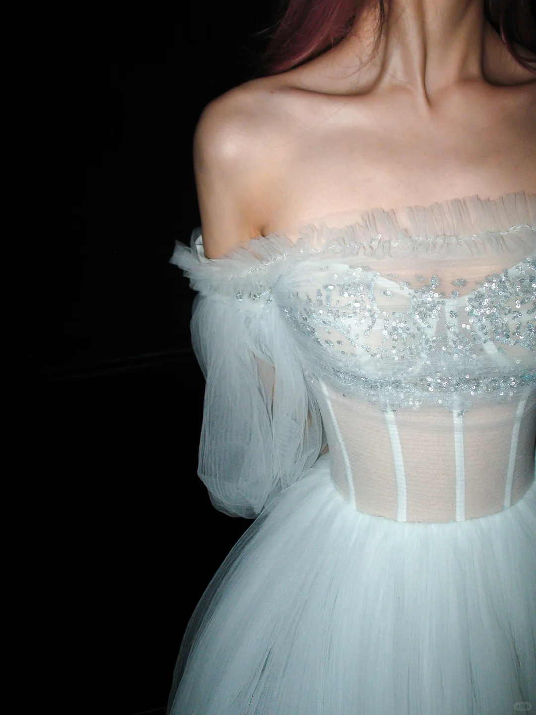 Pretty A Line Puff Sleeve Foggy Blue Tulle Long Prom Dress DP5198