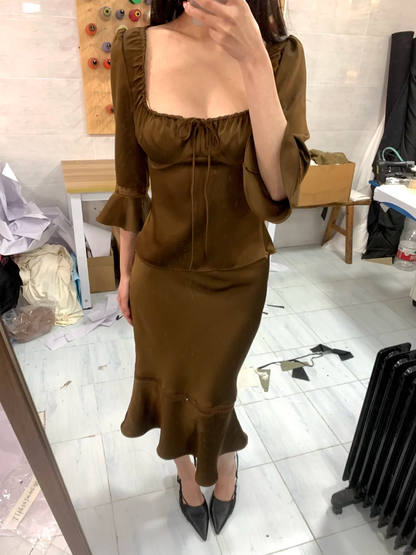 Two Piece Mermaid Long Sleeve Brown Satin Short Homecoming Dress Outfits DP4817