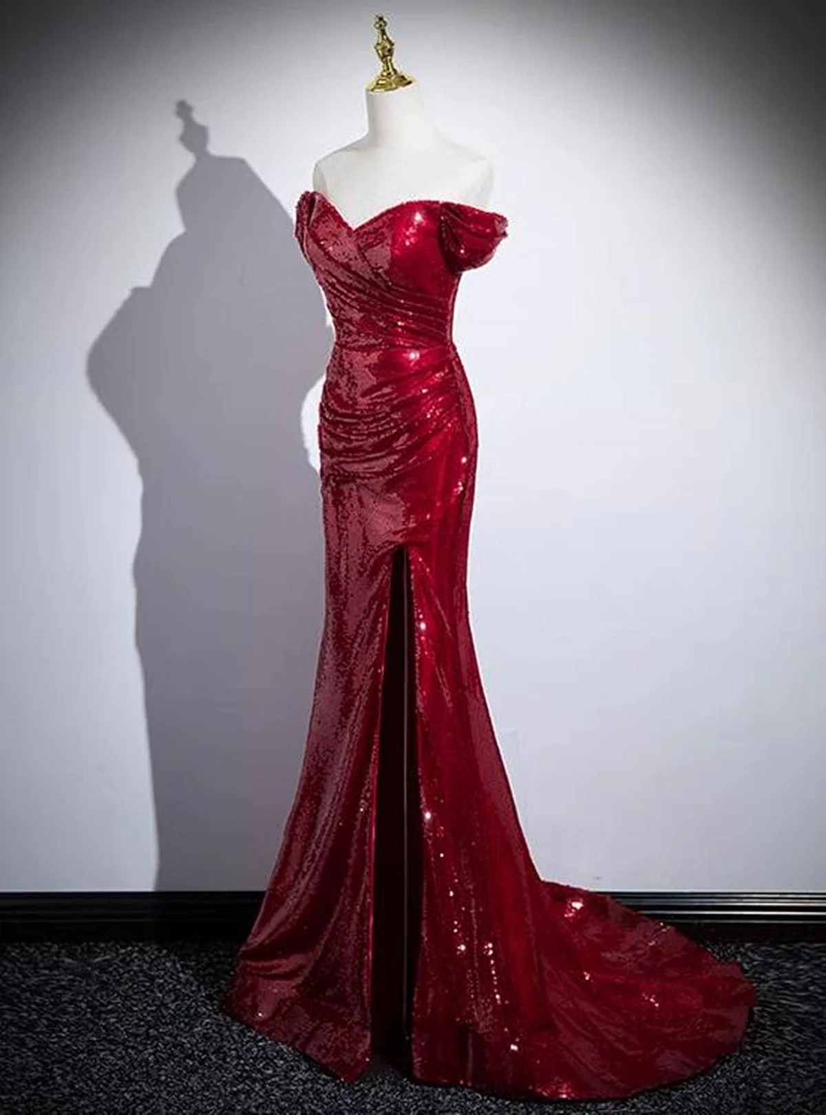 Red Sequins Mermaid Prom Dress Slit Evening Dress DP229