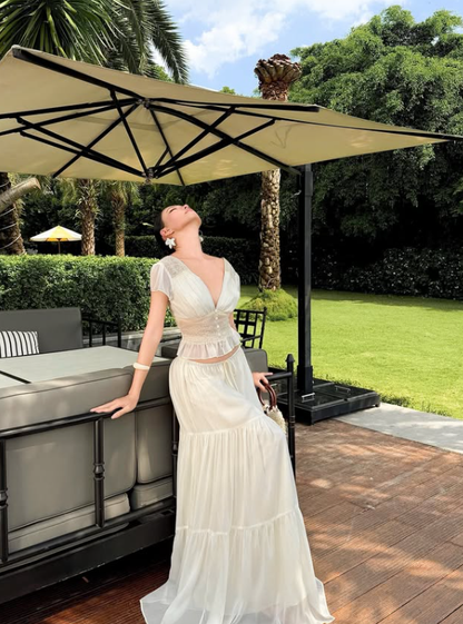 White Two Piece A Line V Neck Lace Satin Long Prom Dress Evening Dress DP7979