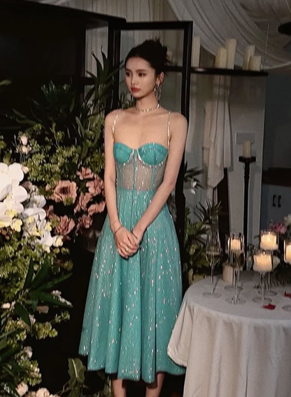 Stunning Lake Blue A Line Spaghetti Strap Sequin Prom Dress Evening Dress DP4811