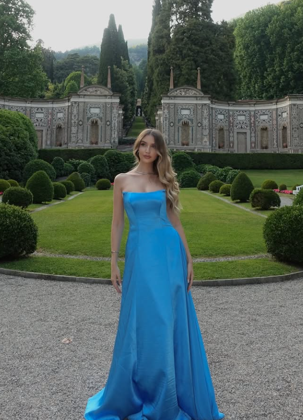 Dodger Blue Elegant A Line Strapless Chiffon Satin Long Prom Dress Evening Dress DP3303