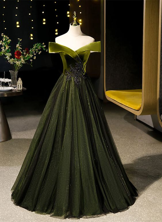 Green Velvet Tulle Off Shoulder Party Dress Prom Dress DP342