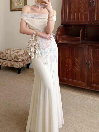 Gentle Mermaid Print Flower Ivory Chiffon Long Prom Dress Evening Dress DP6789