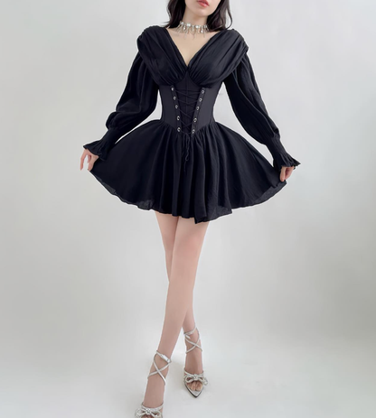 Pretty A Line Long Sleeve Corset Black Chiffon Short Party Dress Homecoming Dress DP3019