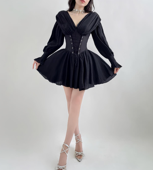 Pretty A Line Long Sleeve Corset Black Chiffon Short Party Dress Homecoming Dress DP3019