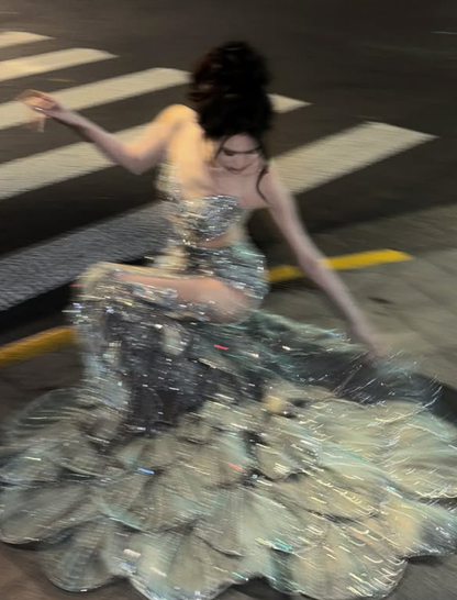 Unique Silver Mermaid Layered Sequin Long Sweep Prom Dress DP5035