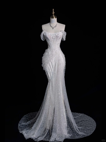 Shiny Mermaid Off the Shoulder Sequin Flower Rhinestone White Tulle Long Evening Dress Party Dress DP2298