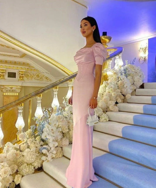 Pink A Line Puff Sleeve Satin Prom Dresses Women Formal Party Evening Gown DP2018