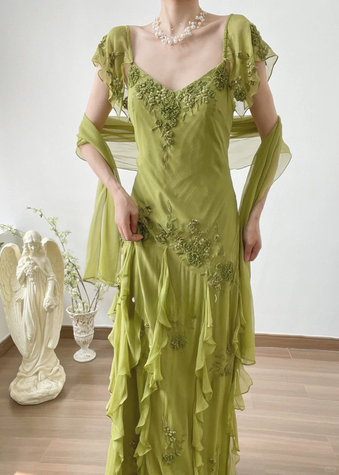 Green Mermaid Strap Retro Appliques Ruffle Chiffon Prom Dress Evening Dress DP3321