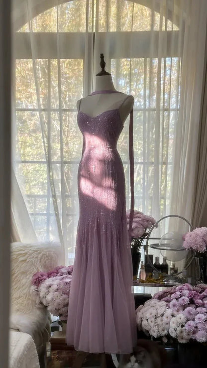 Lilac Mermaid Spaghetti Strap Beaded Chiffon Long Prom Dress Graduation Prom Dress DP5745