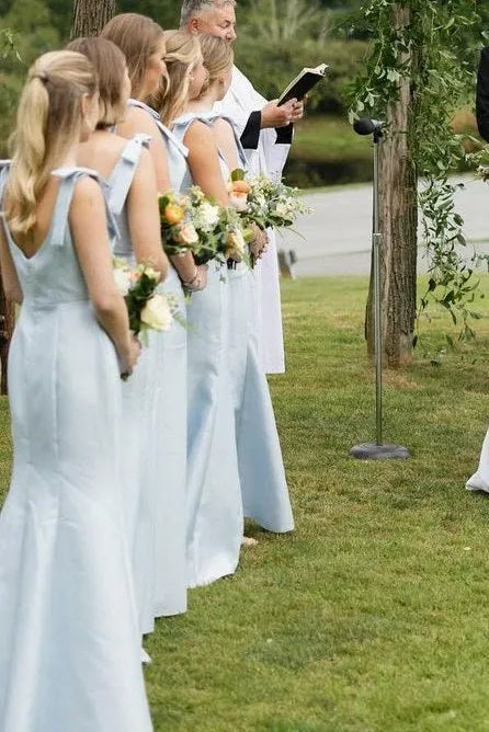 Mermaid Straps Bows Pleats Satin Sleeveless Long Bridesmaid Dress with Slit DP5553