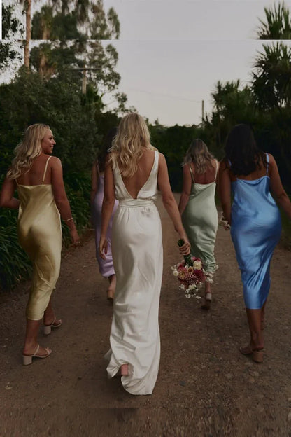 Sheath Silk Satin V Neck Ankle Length Bridesmaid Dresses with Straps DP5545