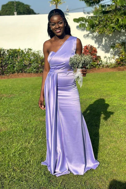 One Shoulder Lavender Sheath Long Bridesmaid Dress DP5562