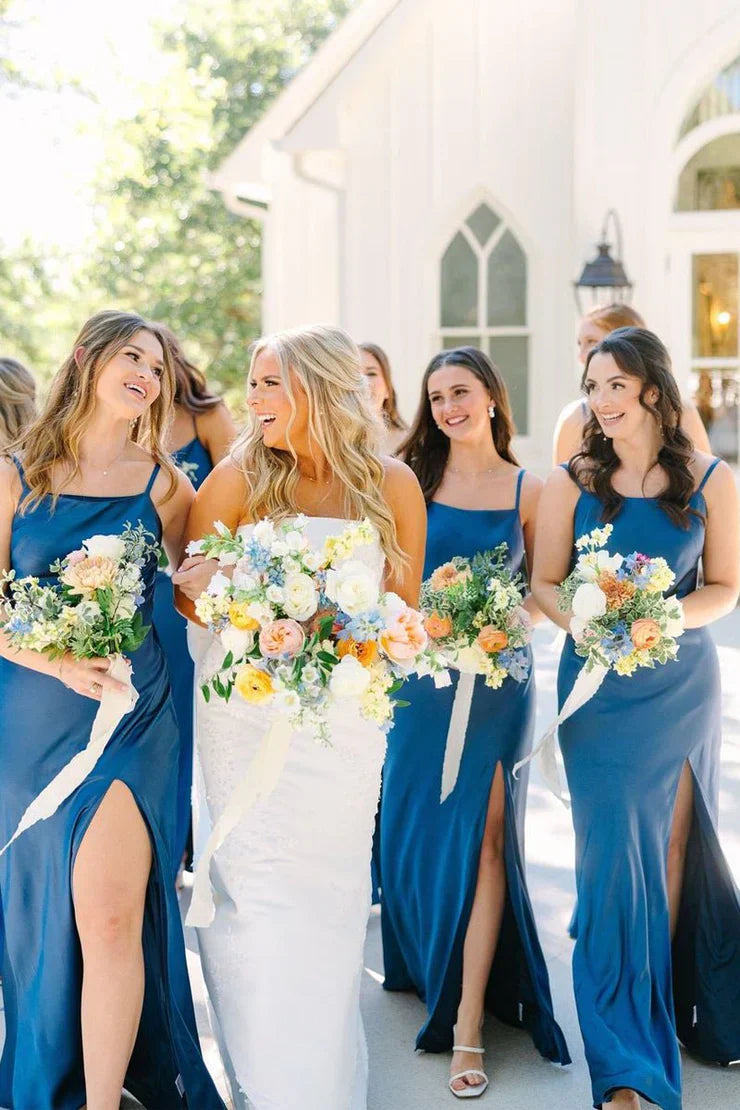 Simple Mermaid Spaghetti Straps Blue Long Bridesmaid Dresses with Bow Back DP5550