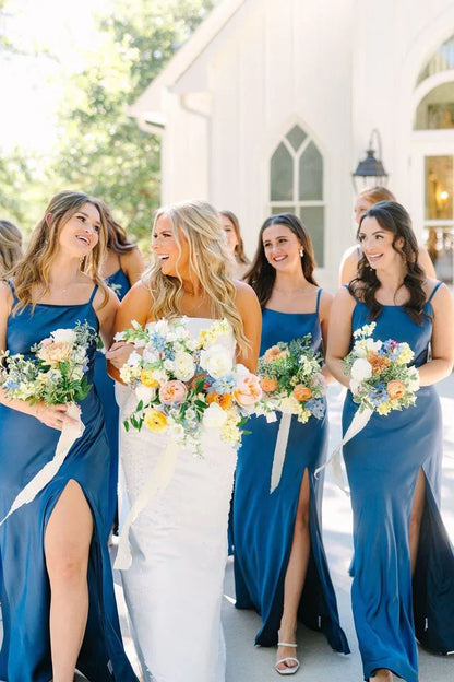 Simple Mermaid Spaghetti Straps Blue Long Bridesmaid Dresses with Bow Back DP5550