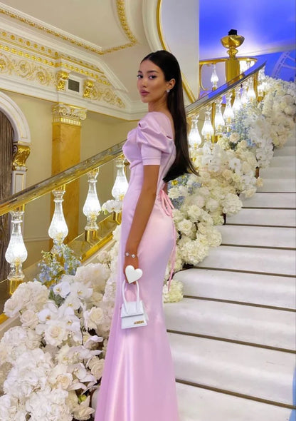 Pink A Line Puff Sleeve Satin Prom Dresses Women Formal Party Evening Gown DP2018