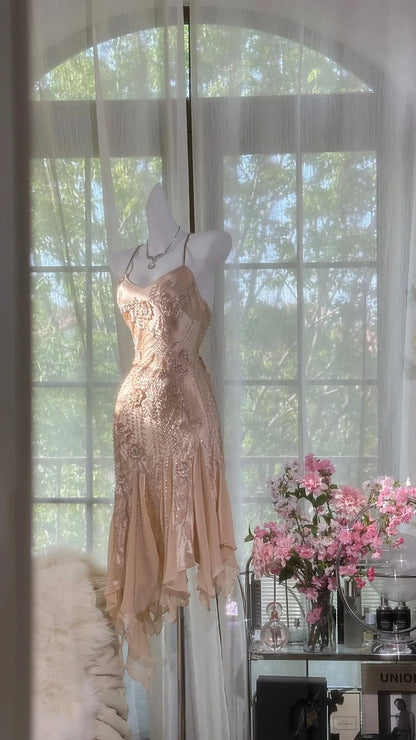 Vintage Mermaid Spaghetti Strap Beaded Ruffle Satin Chiffon Short Homecoming Dress DP2468