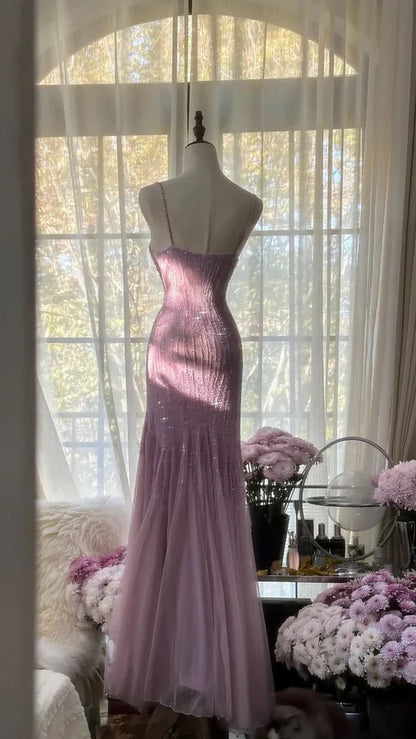 Lilac Mermaid Spaghetti Strap Beaded Chiffon Long Prom Dress Graduation Prom Dress DP5745