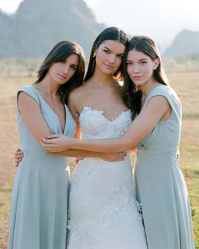 Simple A Line Satin V Neck Blue Sleeveless Long Bridesmaid Dresses DP5543
