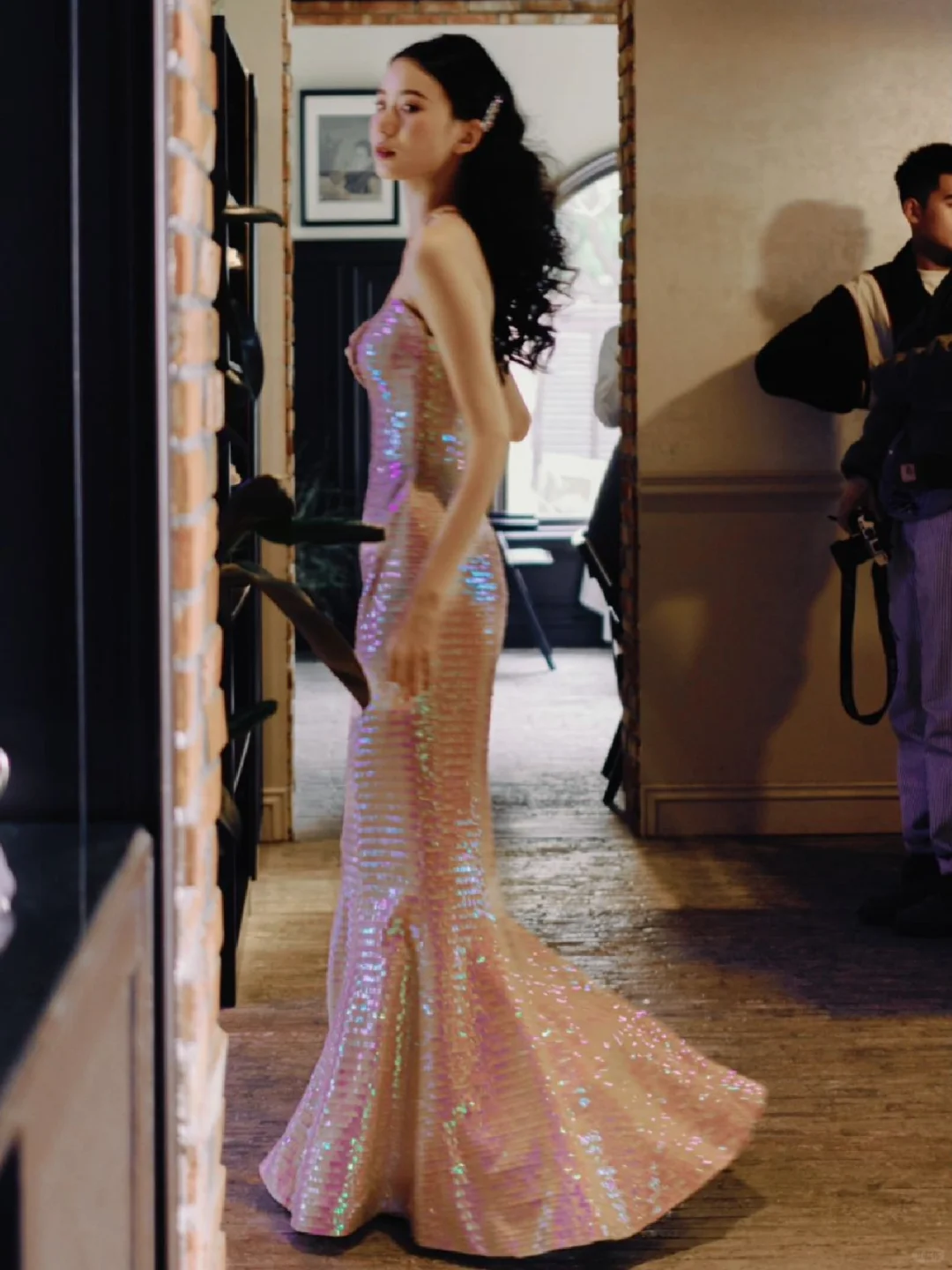 Stunning Mermaid Strapless Pink Sequin Long Party Dress Evening Dress DP2555