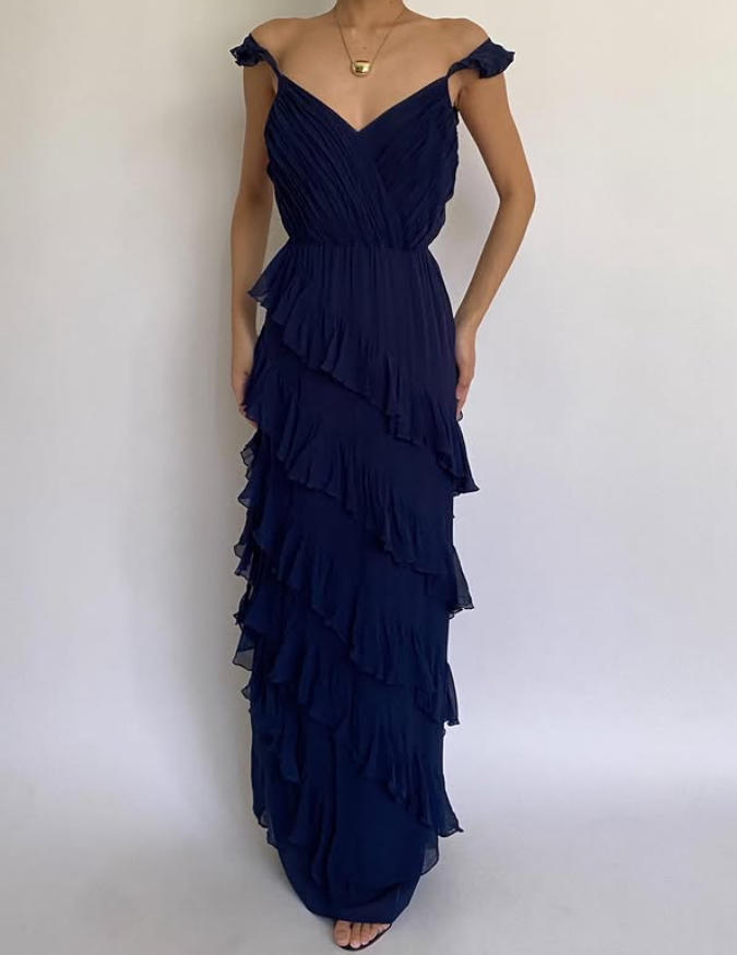 Navy Blue Sheath Spaghetti Strap Layered Chiffon Prom Dress Party Dress DP3687