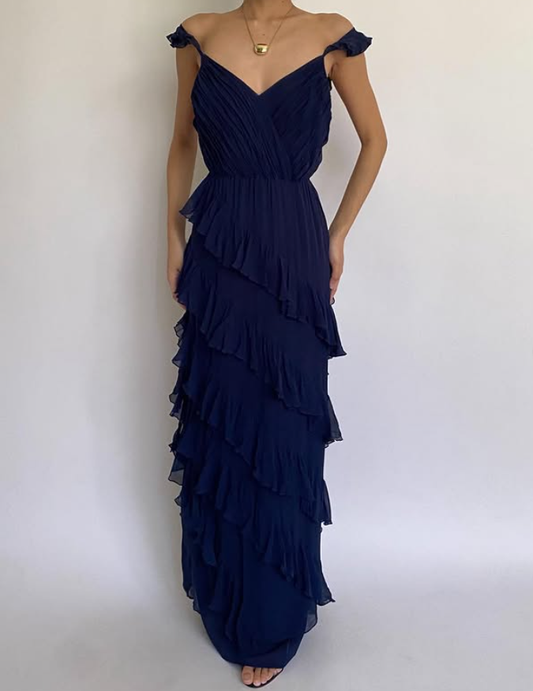 Navy Blue Sheath Spaghetti Strap Layered Chiffon Prom Dress Party Dress DP3687