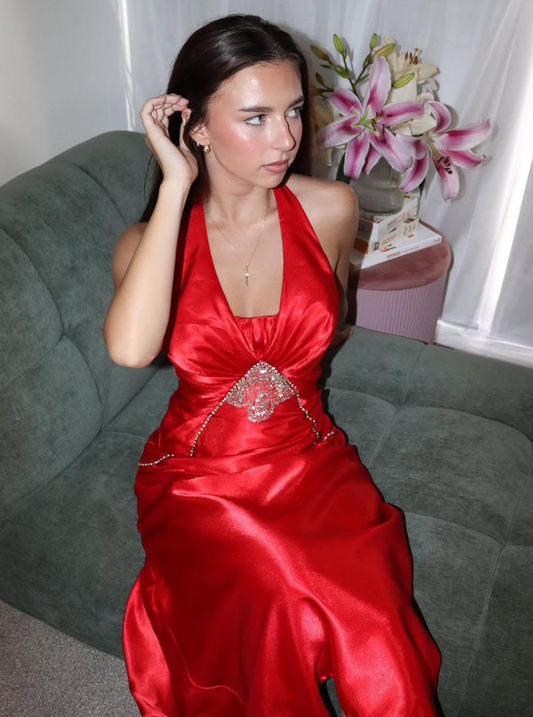 Sexy A Line Halter Rhinestone Sequin Red Satin Prom Dress Evening Dress DP1888