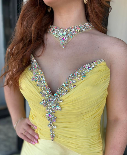 Pretty Yellow Mermaid Sweetheart Neck Rhinestone Satin Prom Dress Party Evening Dress DP6295