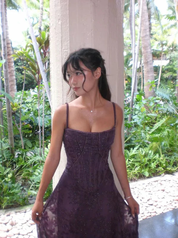 Dark Purple A Line Spaghetti Straps Chiffon Long Formal Prom Dress Evening Dress DP3072