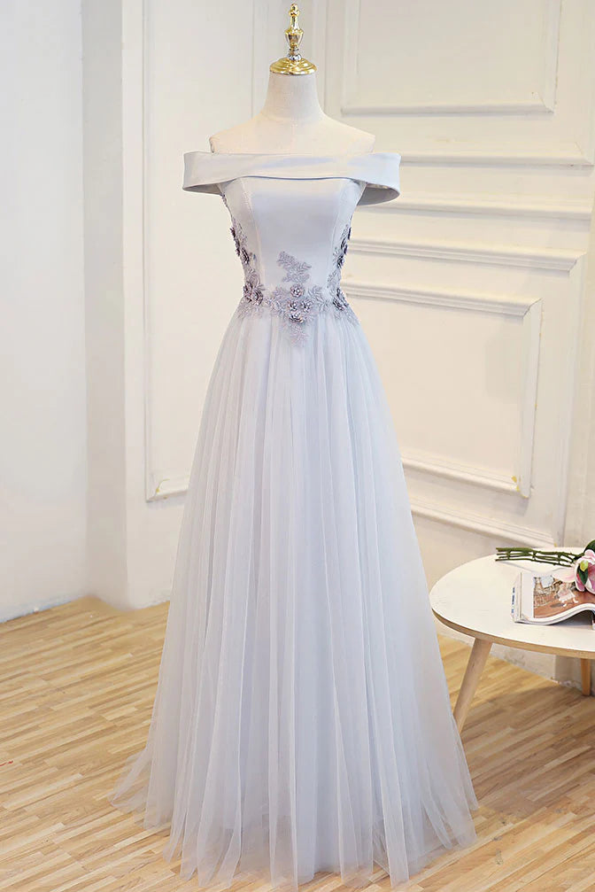 Gray A Line Off the Shoulder Lace Tulle Satin Long Prom Dress Evening Dress DP1301