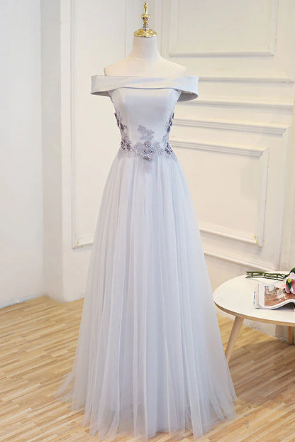 Gray A Line Off the Shoulder Lace Tulle Satin Long Prom Dress Evening Dress DP1301