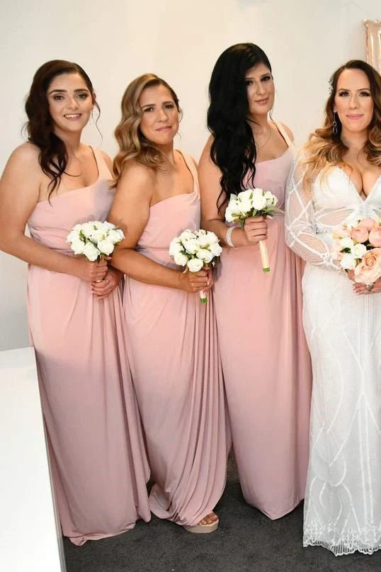 Pink One Shoulder Faux-Wrap Satin Long Bridesmaid Dress DP5555