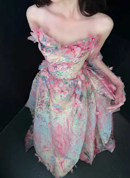 Princess Ball Gown Bow Pink Print Floral Chiffon Long Prom Dress DP4647