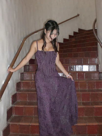 Dark Purple A Line Spaghetti Straps Chiffon Long Formal Prom Dress Evening Dress DP3072