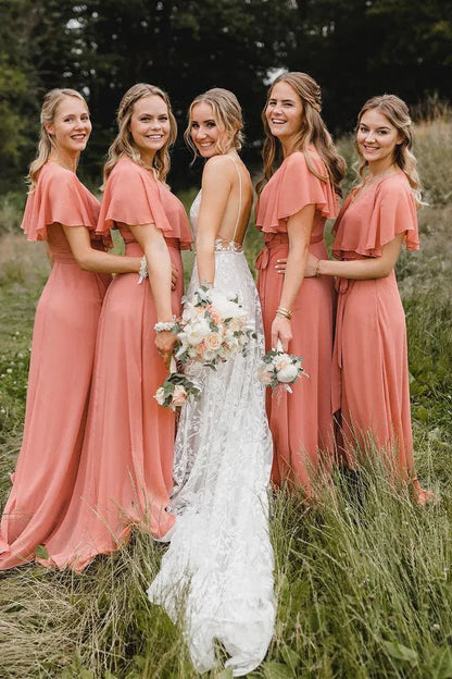 Simple A-Line Coral Chiffon Long Bridesmaid Dresses DP5549