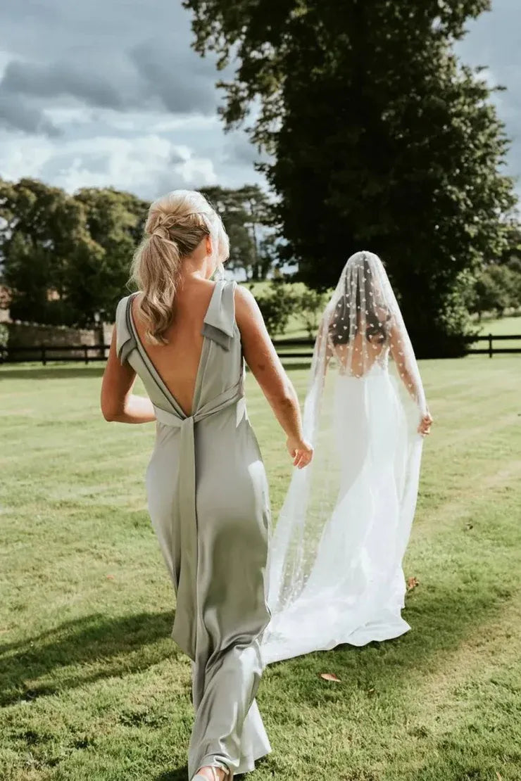 Sheath V Neck Sage Green Silk Satin Bridesmaid Dress with Bow DP5559