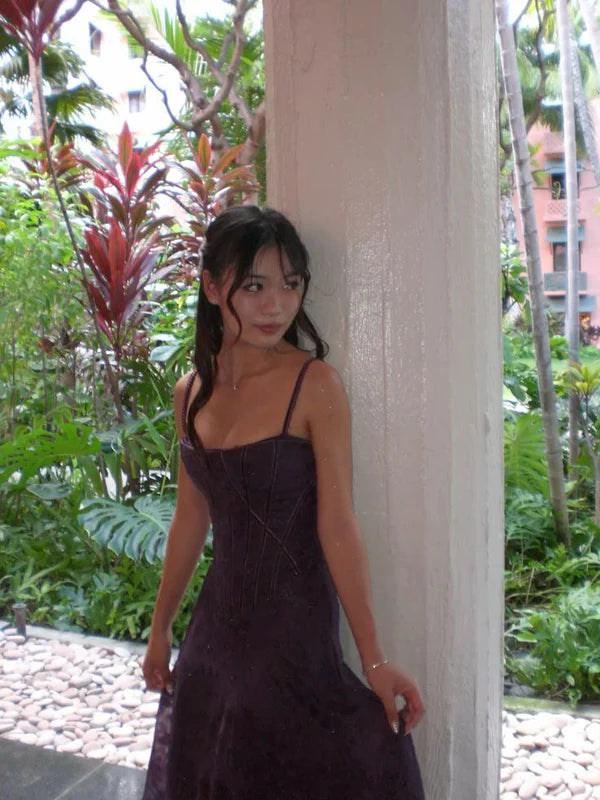 Dark Purple A Line Spaghetti Straps Chiffon Long Formal Prom Dress Evening Dress DP3072