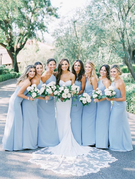 Charming A-Line Halter Sky Blue Chiffon Long Bridesmaid Dresses DP5551
