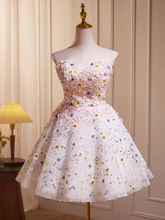 A Line Sweetheart Neck Tulle Flower Light Pink Short Homecoming Dress Cocktail Dress DP1041